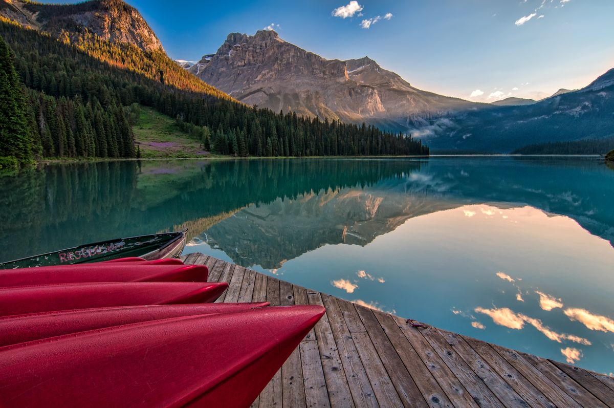 Canoes beside a mountain lake